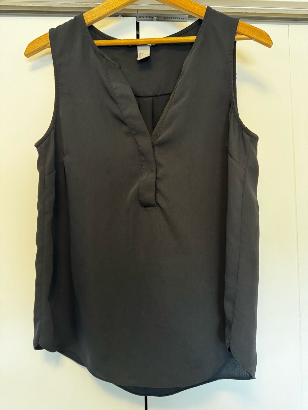 H&M Black Sleeveless V-Neck Blouse Hidden Button Placket Pleat Back Size 4